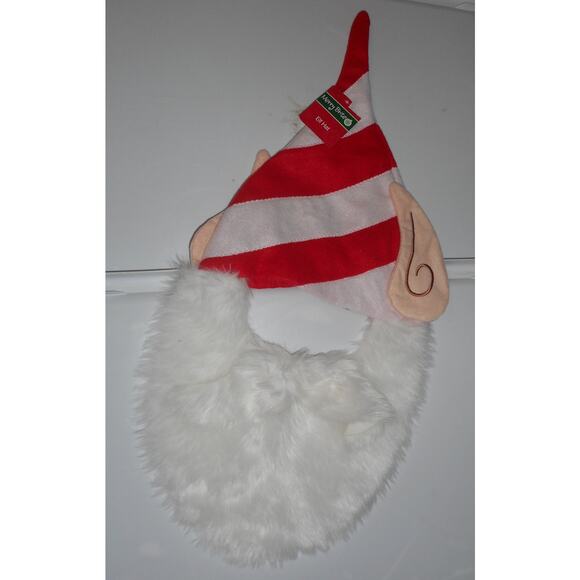 Red and White Striped Christmas Elf Hat with Beard Mustache Ears Merry Brite - Picture 1 of 2